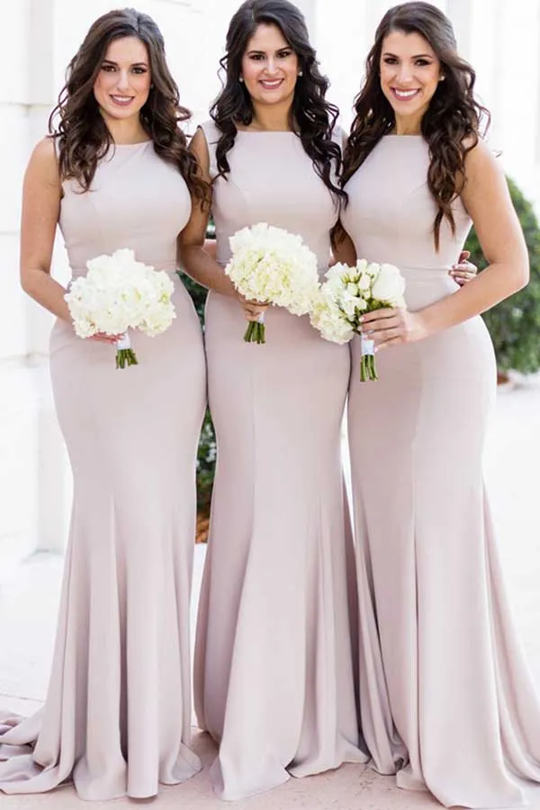 Elegant Satin Mermaid Round Neck Light Purple Long Bridesmaid Dresses,MBD125