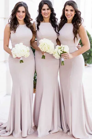 Elegant Satin Mermaid Round Neck Light Purple Long Bridesmaid Dresses,MBD125