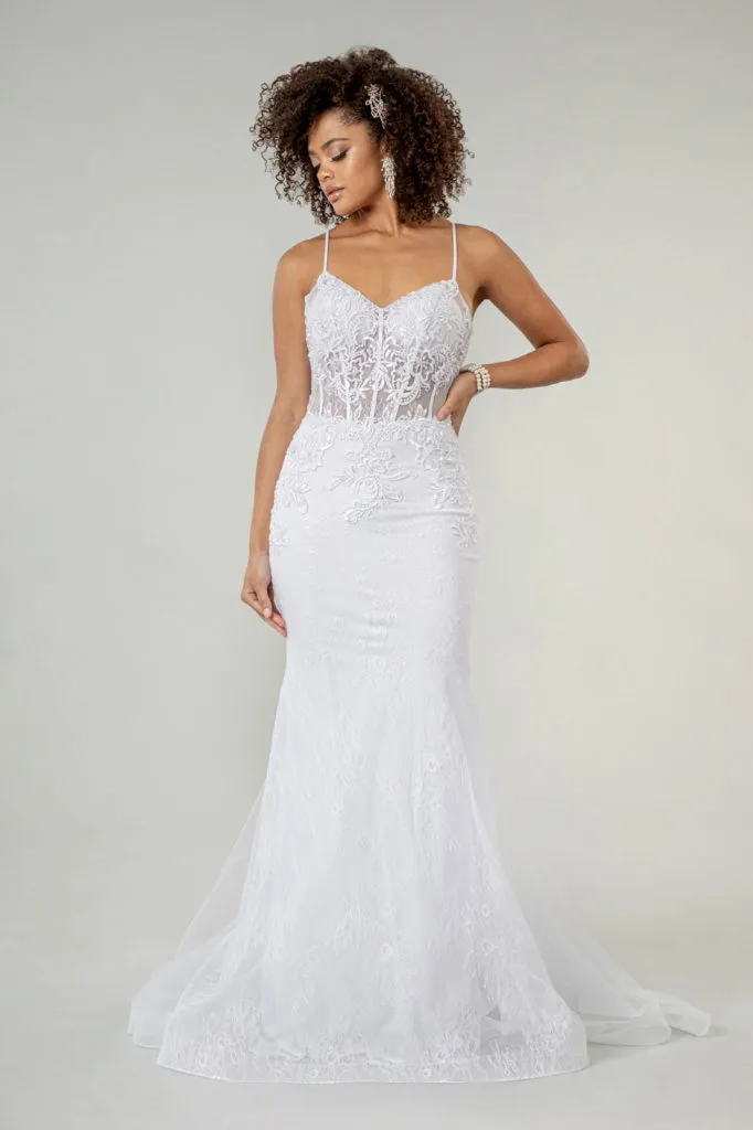 Embroidered Sheer Bodice Mermaid Wedding Gown w/ Lace Up Back