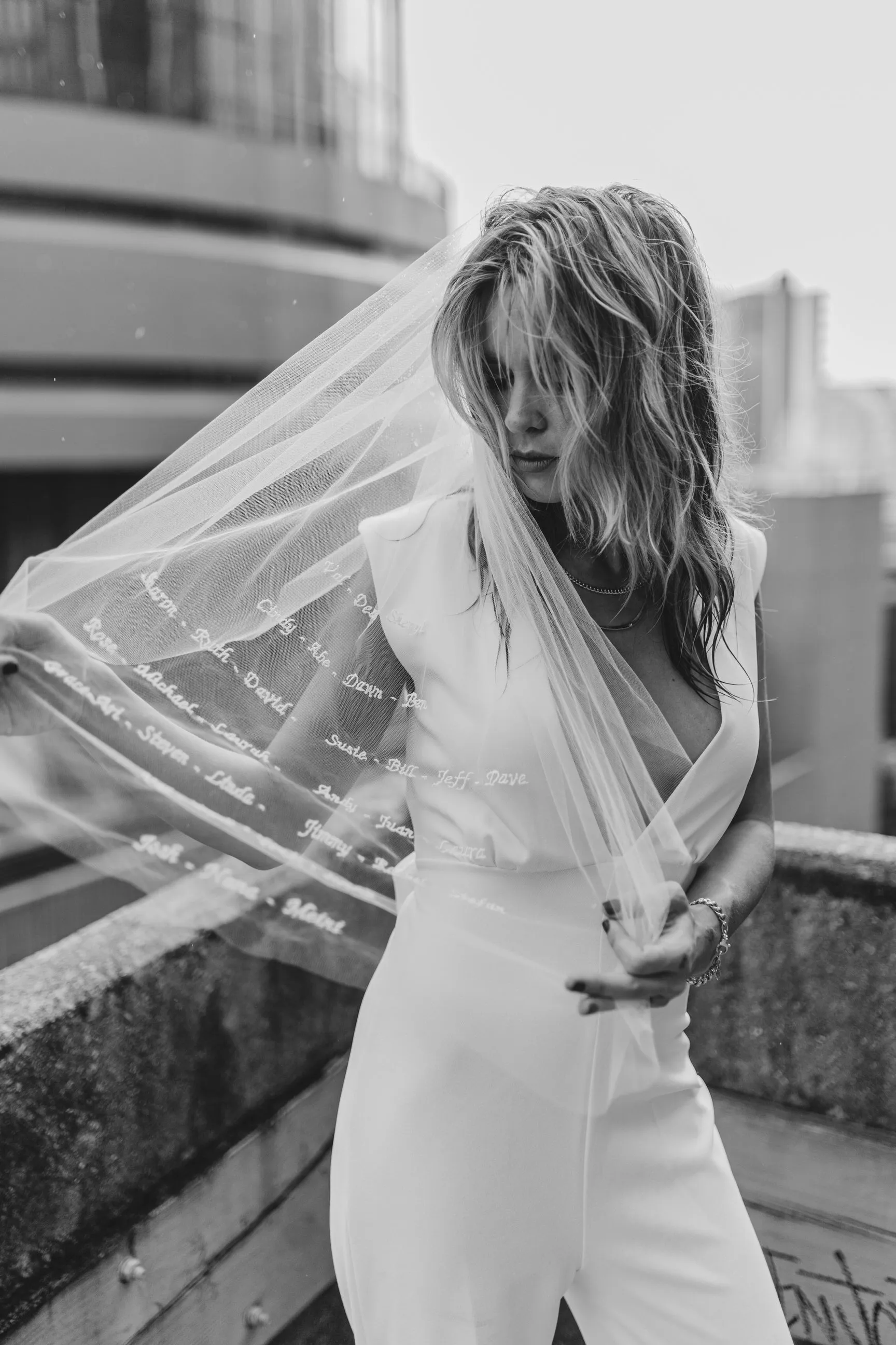 Embroidered Short Bridal Veil with Names, Monogram Veil
