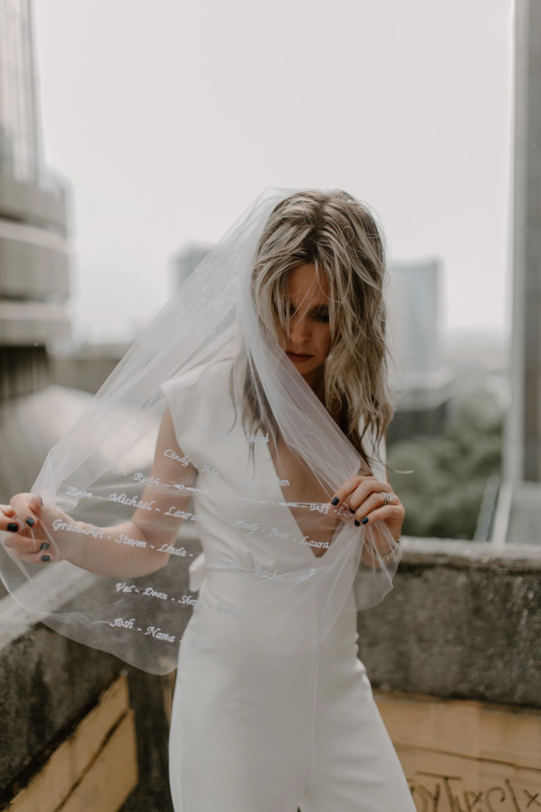 Embroidered Short Bridal Veil with Names, Monogram Veil