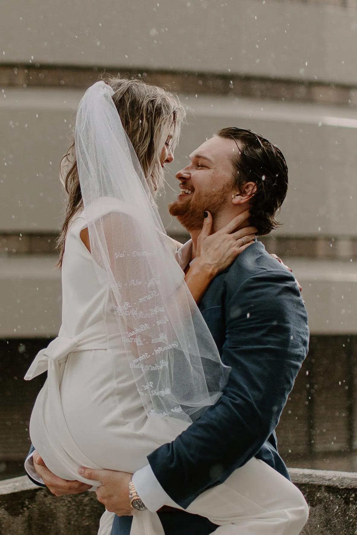 Embroidered Short Bridal Veil with Names, Monogram Veil
