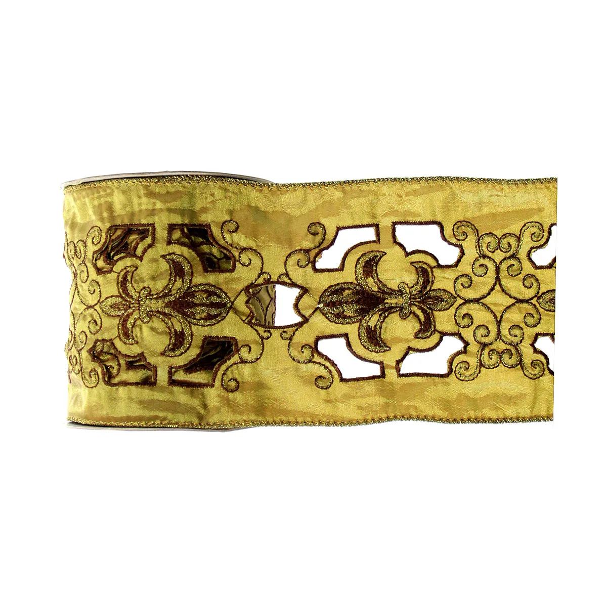 Embroidered Wired Ribbon Dark Brown Fleur De Lis