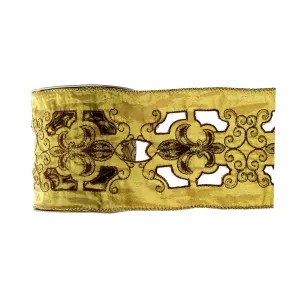 Embroidered Wired Ribbon Dark Brown Fleur De Lis