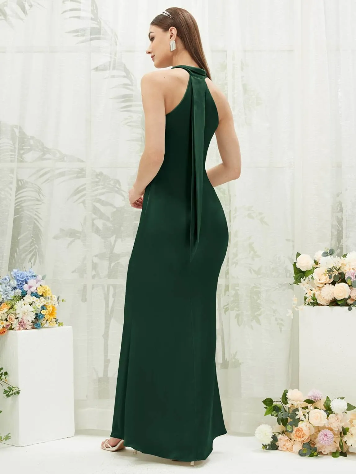 Emerald Green Silk Satin Halter Neck Sheath Sleeveless Bridesmaid Dress