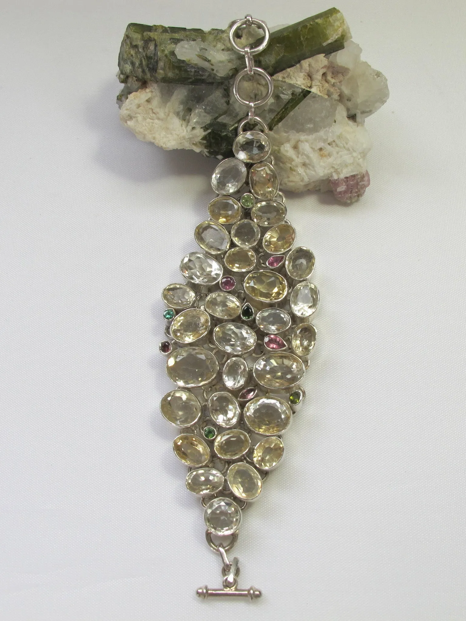 Faceted Citrine Quartz Crystal and Tourmaline Gemstones Bracelet