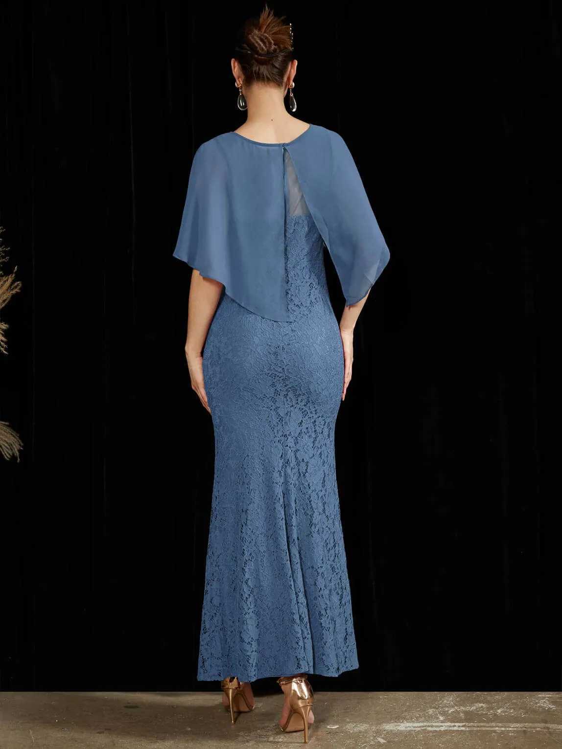 [Final Sale] Slate Blue Ruffle Shawl Sleeveless Boat Mermaid Lace Maxi Mother Dress