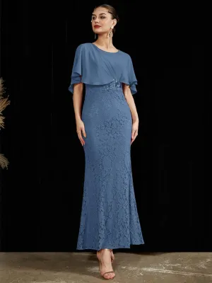 [Final Sale] Slate Blue Ruffle Shawl Sleeveless Boat Mermaid Lace Maxi Mother Dress