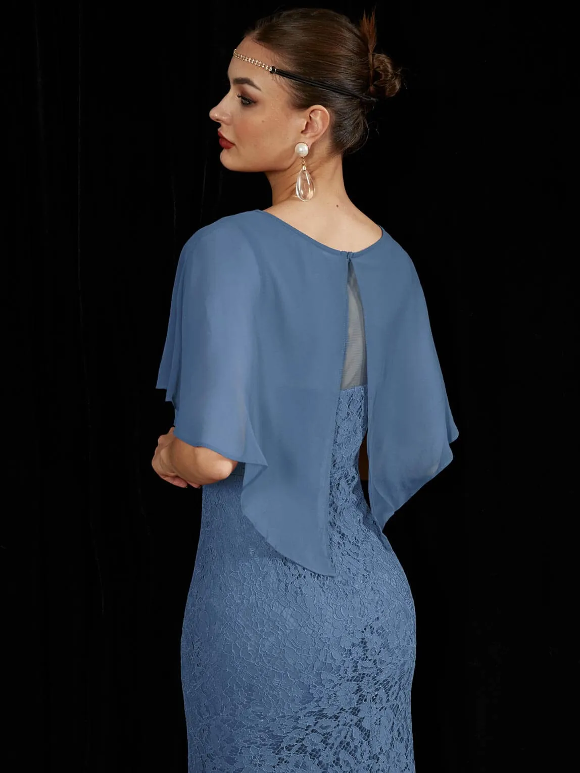 [Final Sale] Slate Blue Ruffle Shawl Sleeveless Boat Mermaid Lace Maxi Mother Dress