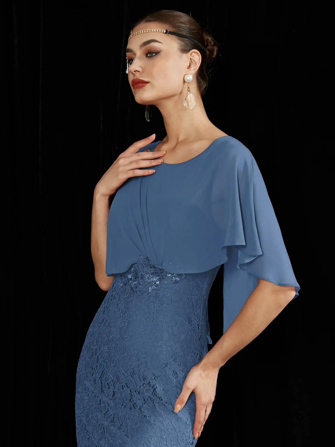 [Final Sale] Slate Blue Ruffle Shawl Sleeveless Boat Mermaid Lace Maxi Mother Dress