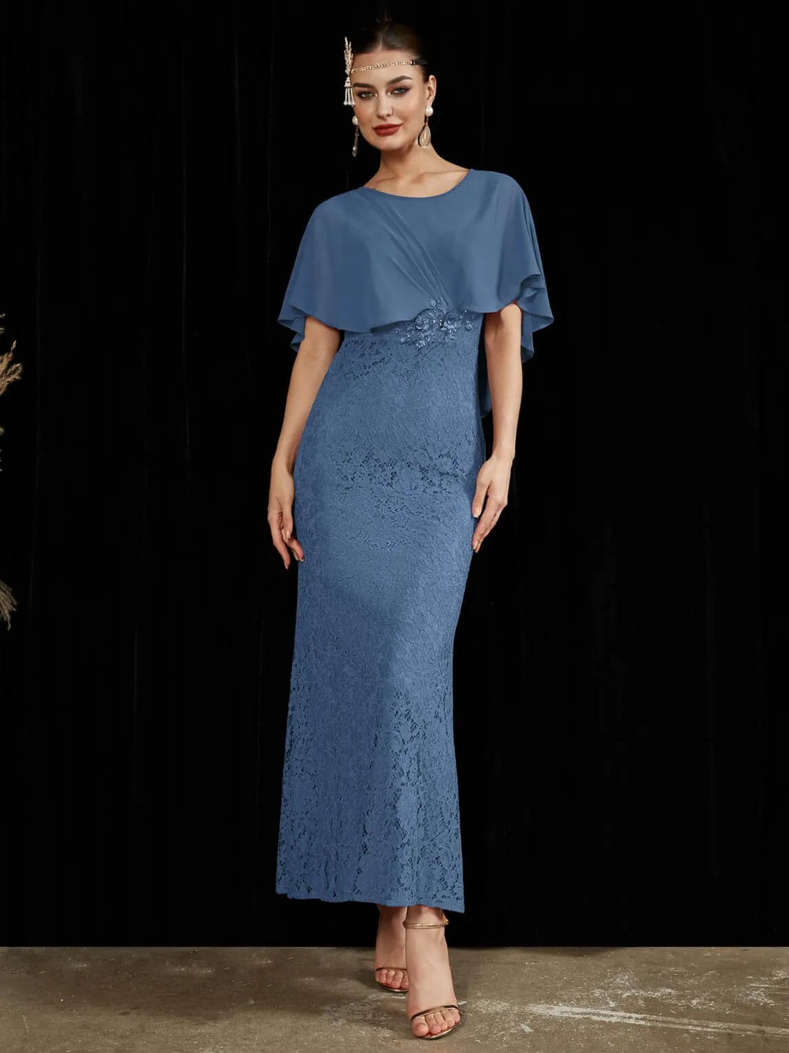 [Final Sale] Slate Blue Ruffle Shawl Sleeveless Boat Mermaid Lace Maxi Mother Dress