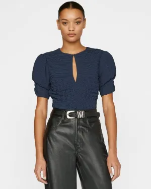 FRAME | Ruched Sleeve Keyhole Top | Navy