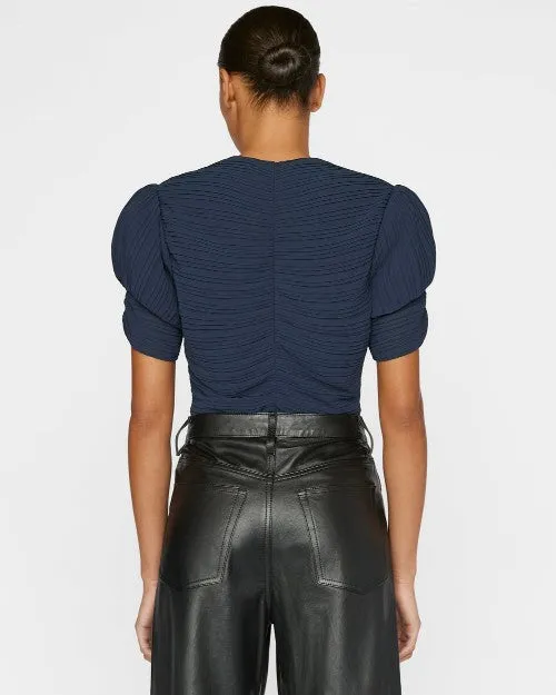 FRAME | Ruched Sleeve Keyhole Top | Navy