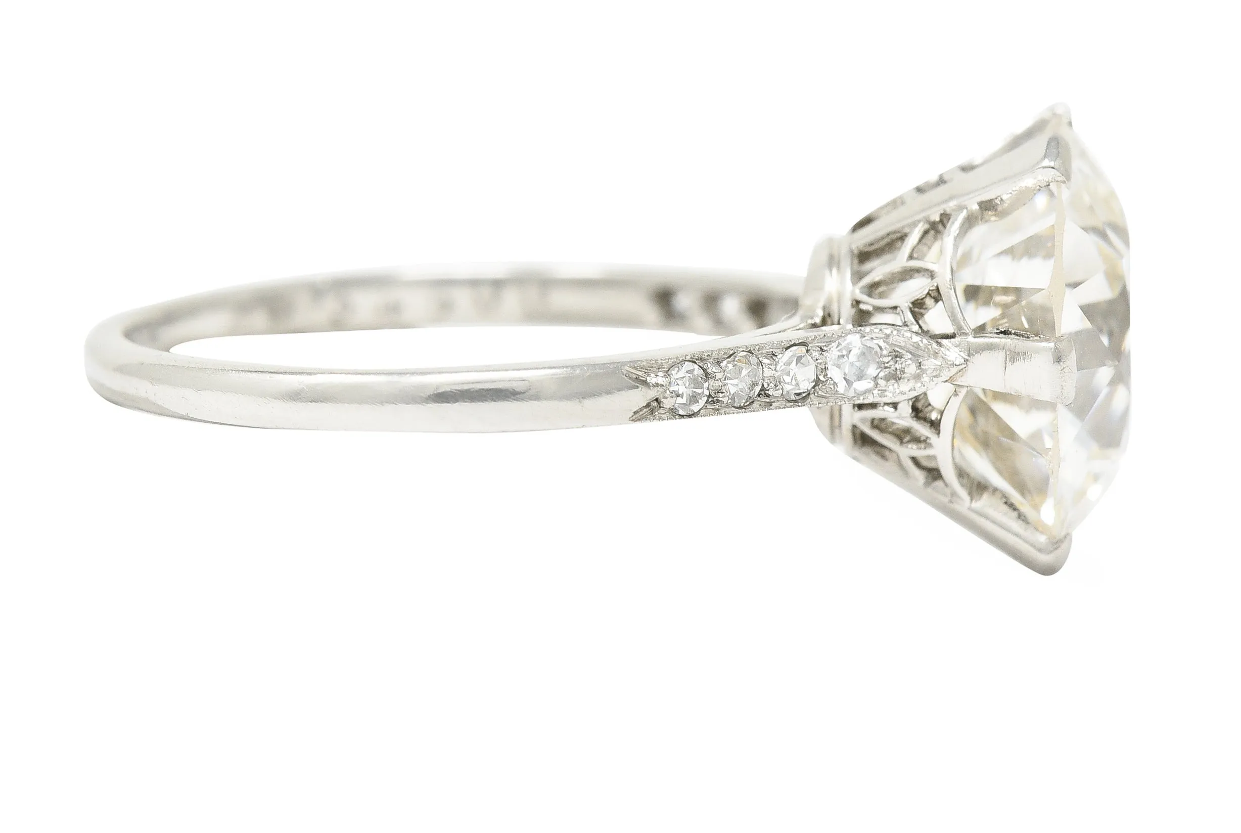 French Art Deco 5.12 CTW Old European Cut Diamond Platinum Foliate Vintage Engagement Ring GIA