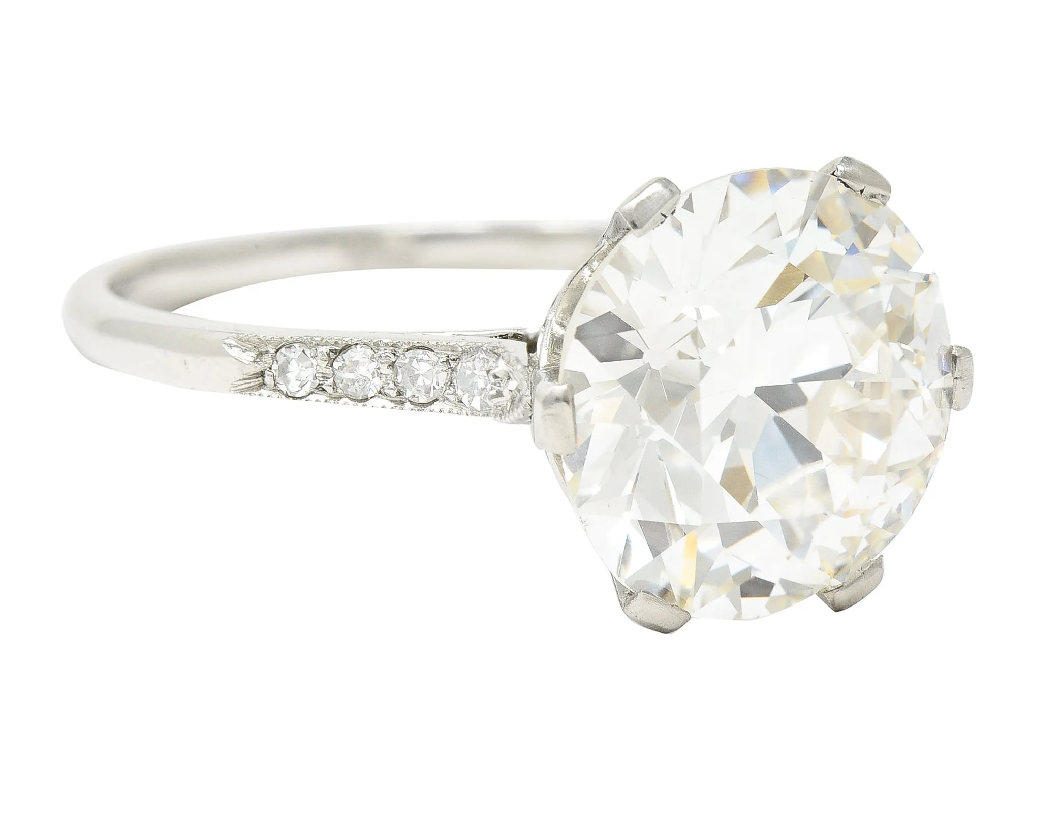French Art Deco 5.12 CTW Old European Cut Diamond Platinum Foliate Vintage Engagement Ring GIA