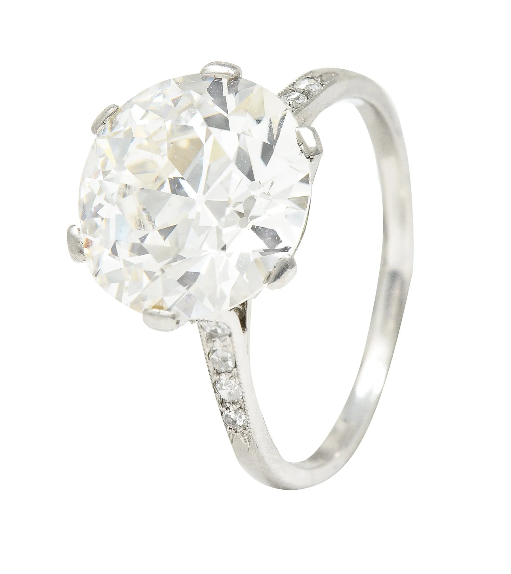 French Art Deco 5.12 CTW Old European Cut Diamond Platinum Foliate Vintage Engagement Ring GIA