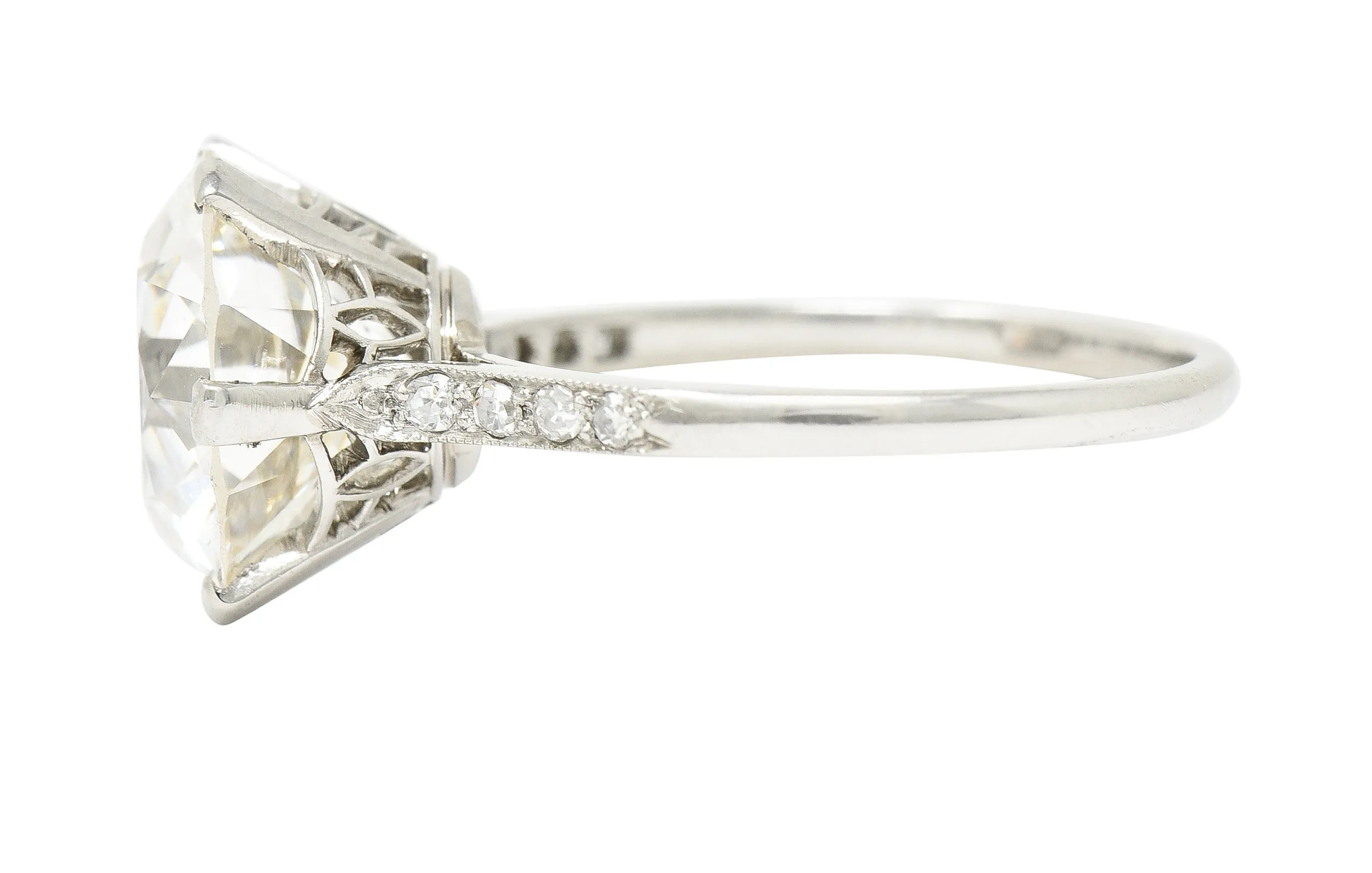 French Art Deco 5.12 CTW Old European Cut Diamond Platinum Foliate Vintage Engagement Ring GIA