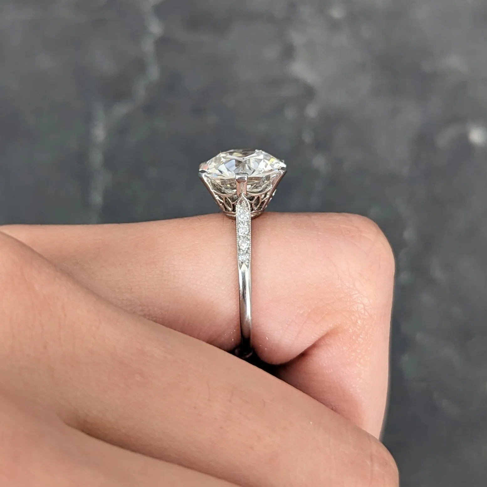 French Art Deco 5.12 CTW Old European Cut Diamond Platinum Foliate Vintage Engagement Ring GIA
