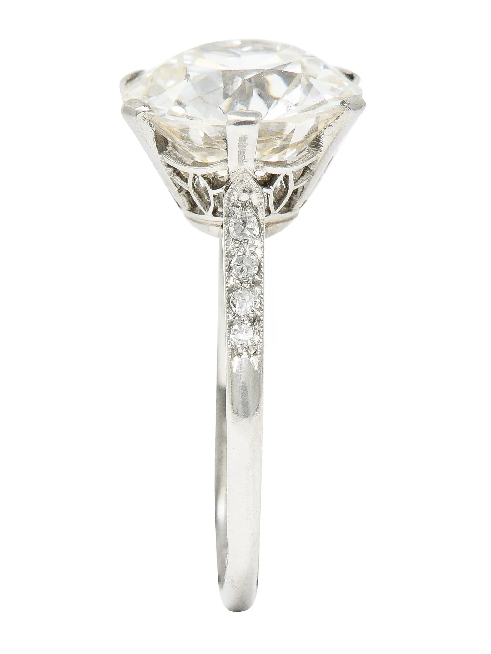 French Art Deco 5.12 CTW Old European Cut Diamond Platinum Foliate Vintage Engagement Ring GIA