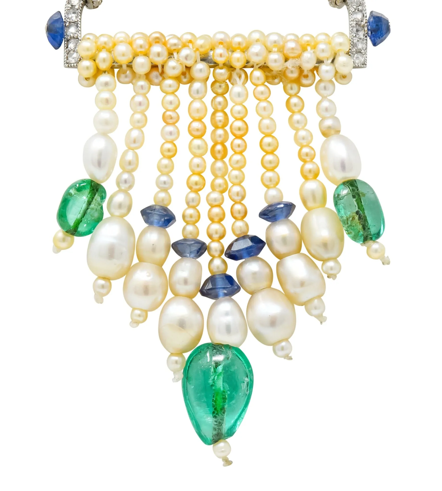 French Art Deco Diamond Natural Pearl Emerald Sapphire Platinum Sautoir Necklace