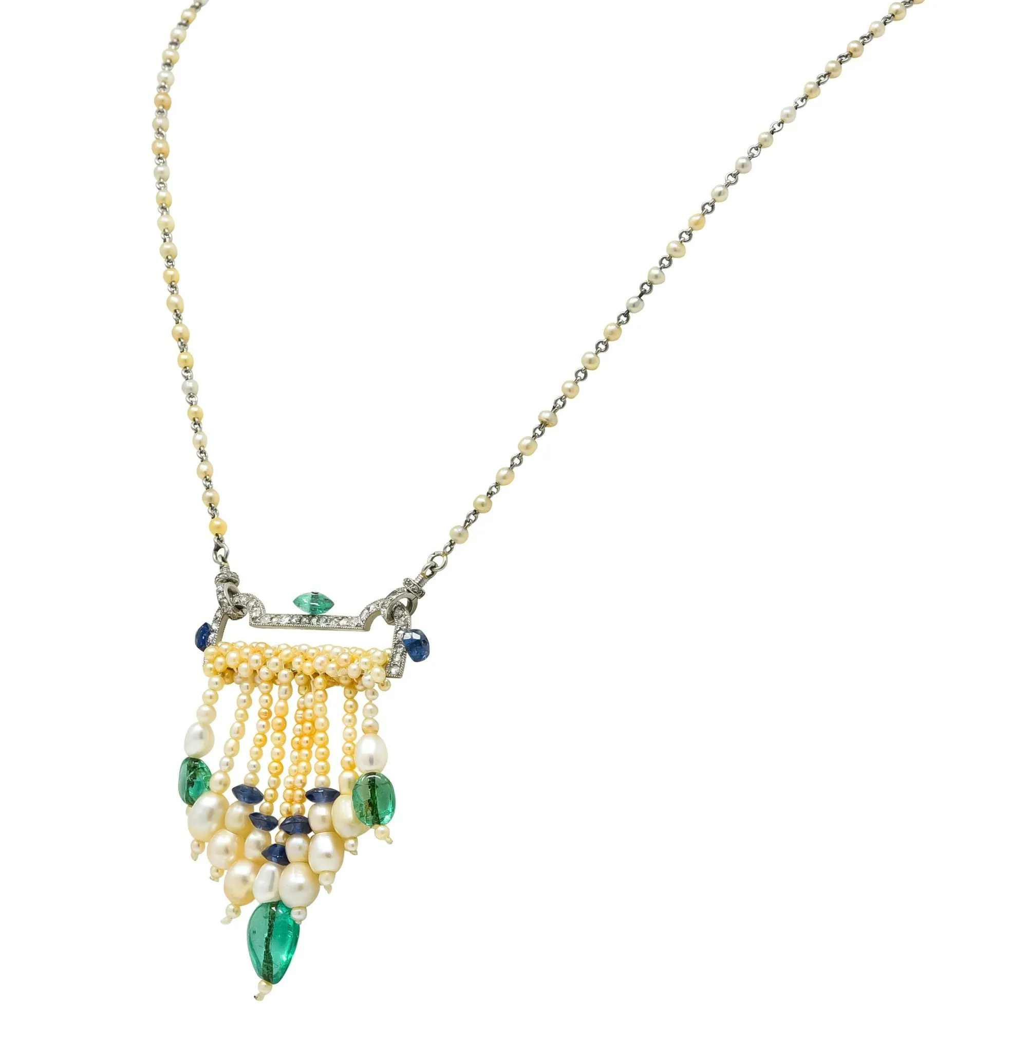 French Art Deco Diamond Natural Pearl Emerald Sapphire Platinum Sautoir Necklace