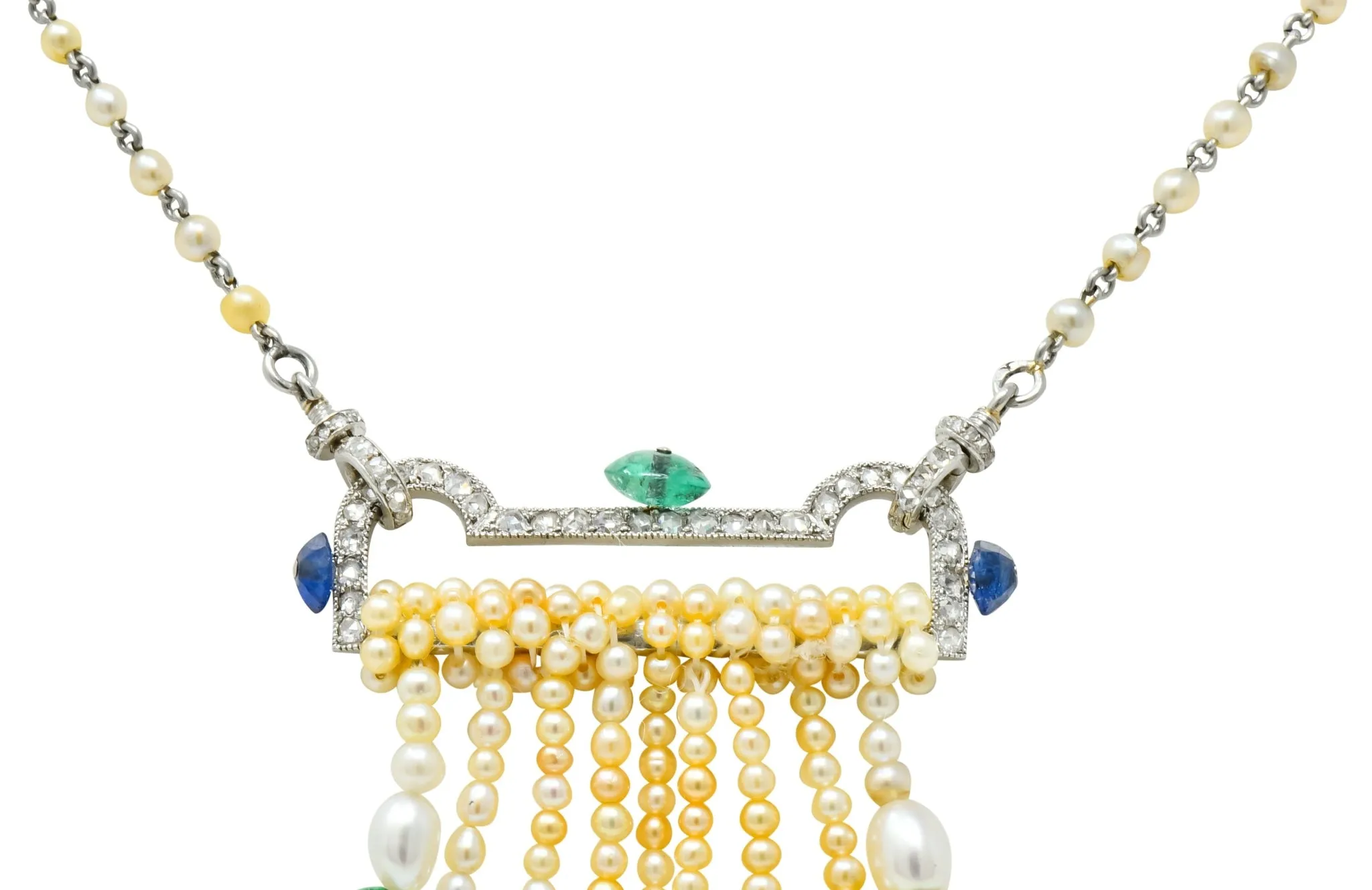 French Art Deco Diamond Natural Pearl Emerald Sapphire Platinum Sautoir Necklace