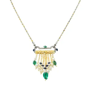 French Art Deco Diamond Natural Pearl Emerald Sapphire Platinum Sautoir Necklace