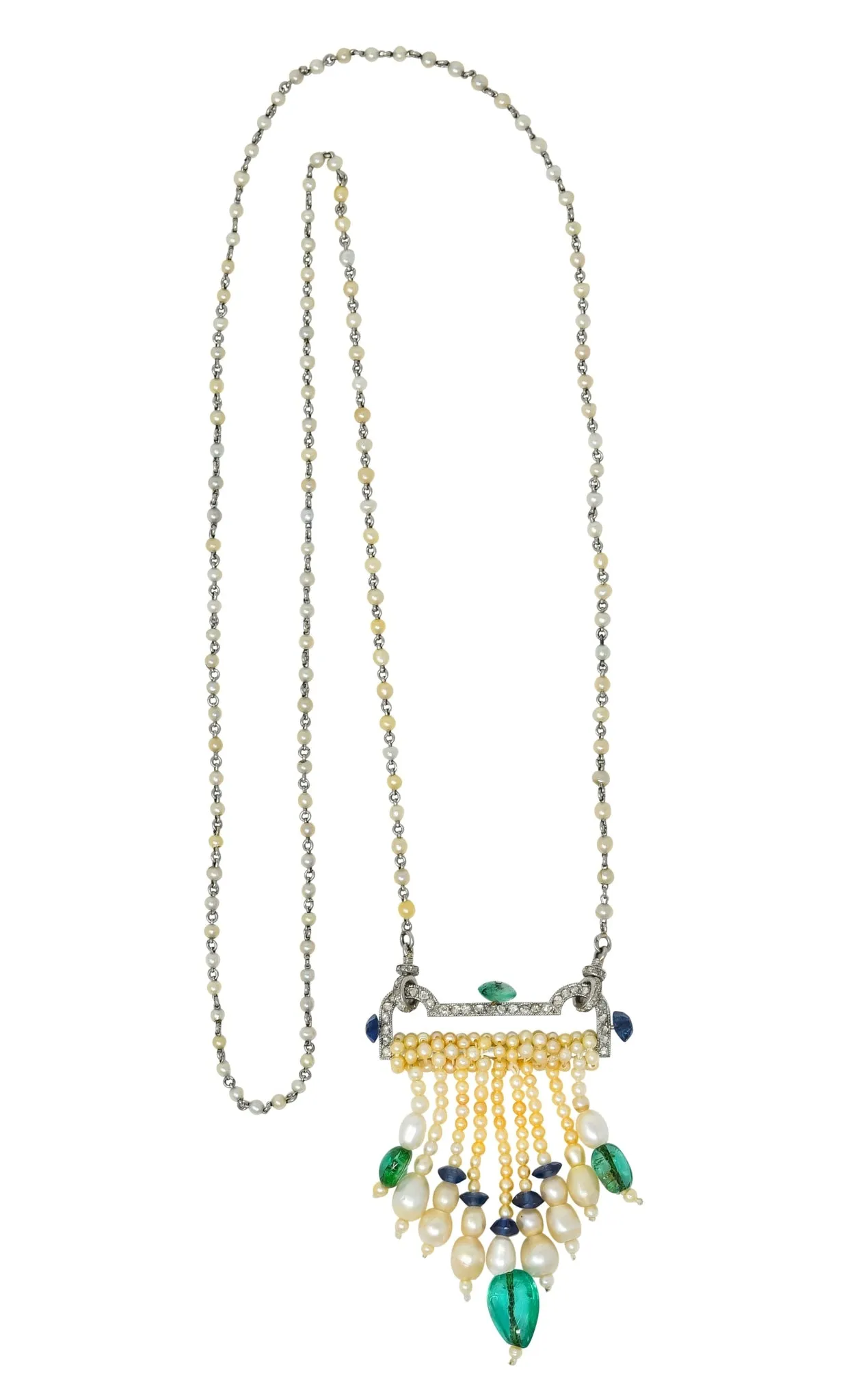 French Art Deco Diamond Natural Pearl Emerald Sapphire Platinum Sautoir Necklace