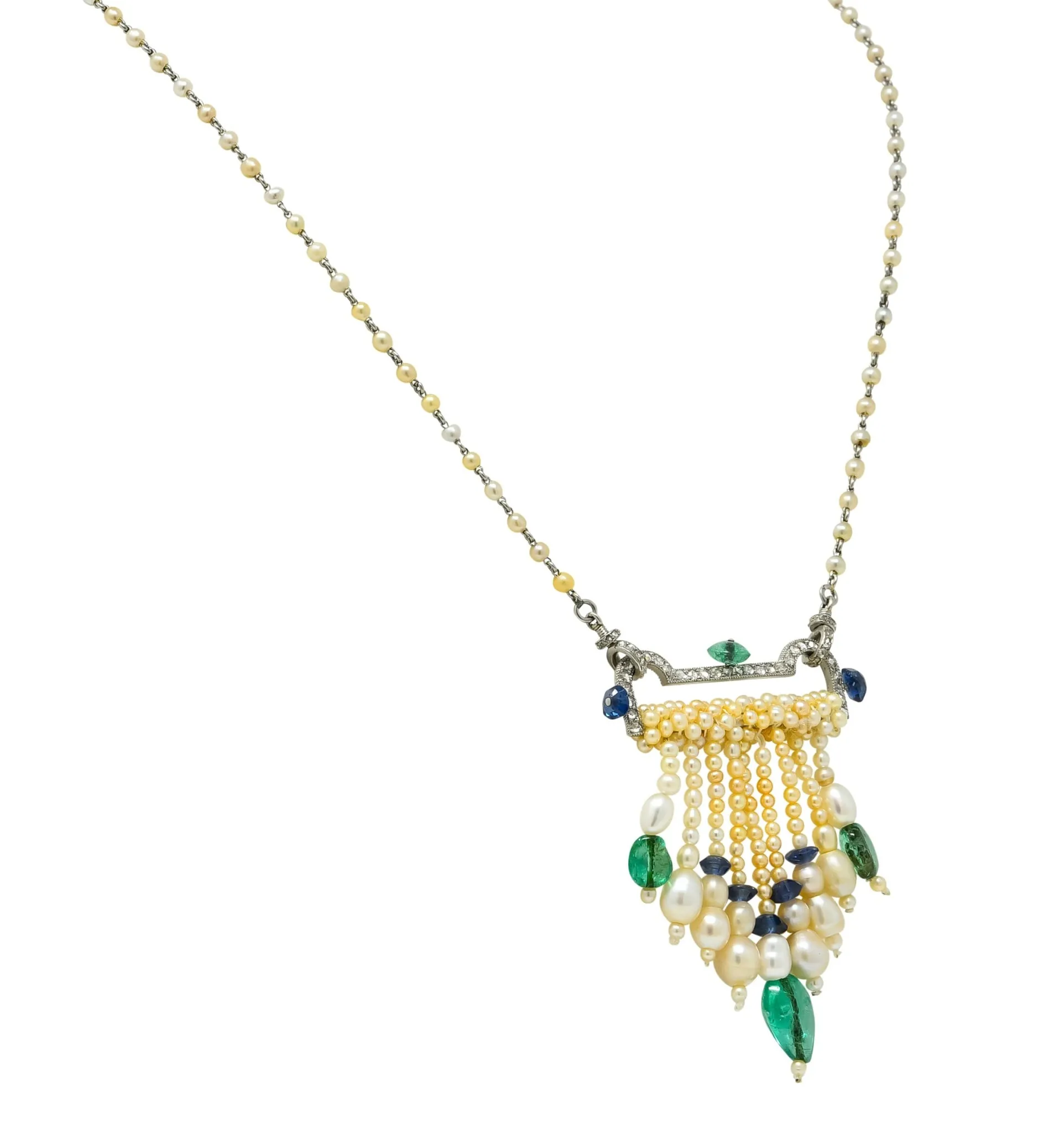 French Art Deco Diamond Natural Pearl Emerald Sapphire Platinum Sautoir Necklace