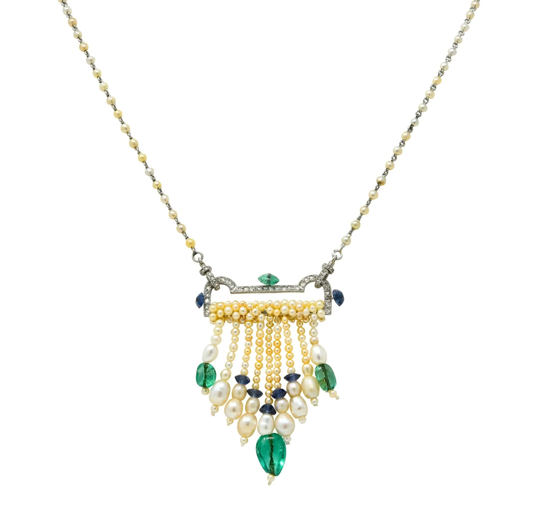 French Art Deco Diamond Natural Pearl Emerald Sapphire Platinum Sautoir Necklace