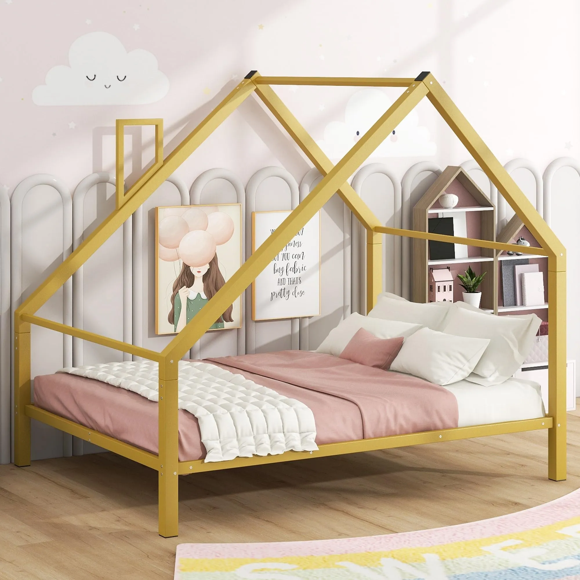 Full Metal House Platform Bed with Roof and Chimney Frame Under-Bed