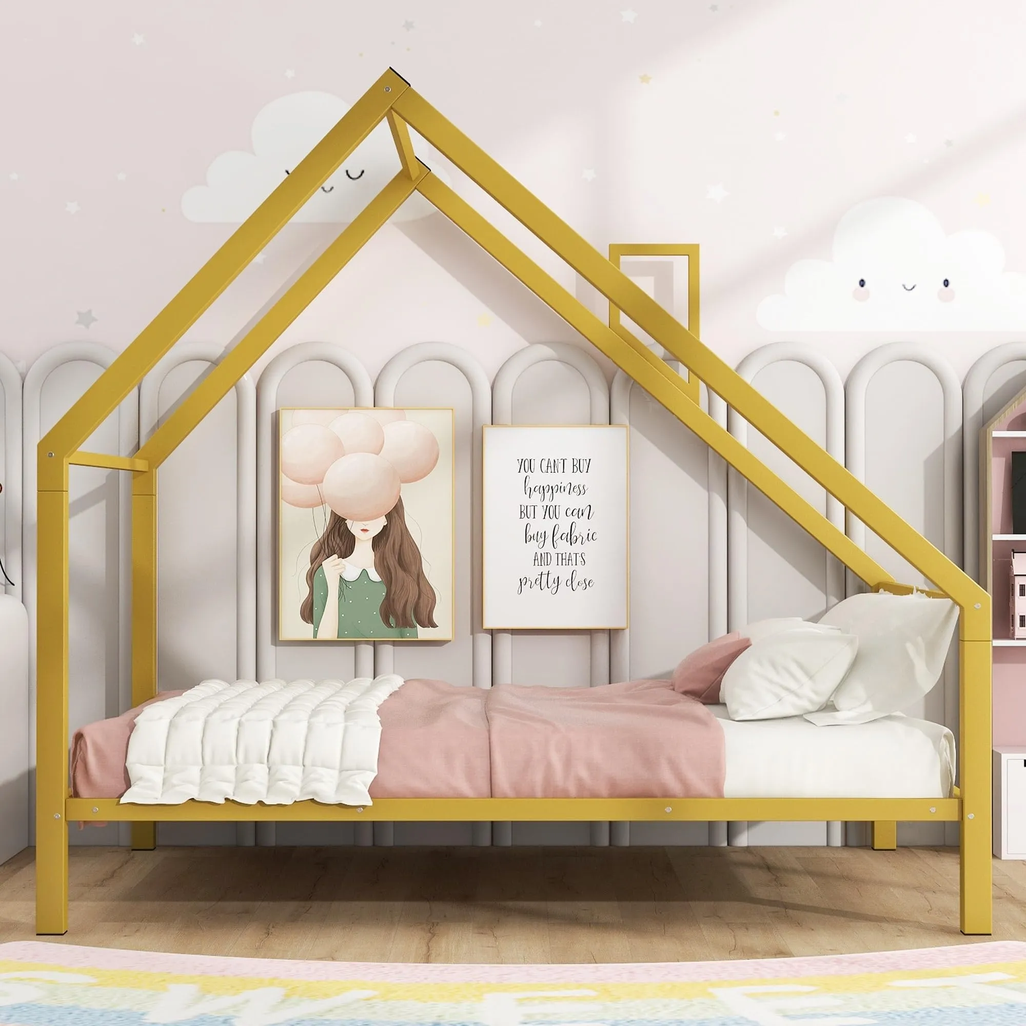 Full Metal House Platform Bed with Roof and Chimney Frame Under-Bed