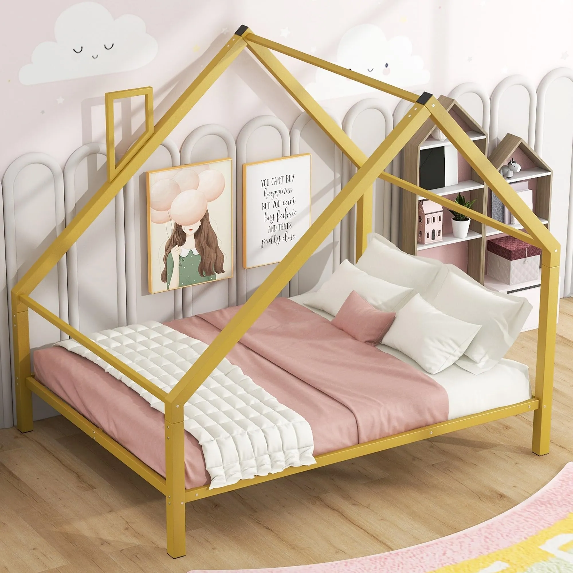 Full Metal House Platform Bed with Roof and Chimney Frame Under-Bed