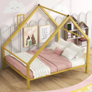 Full Metal House Platform Bed with Roof and Chimney Frame Under-Bed