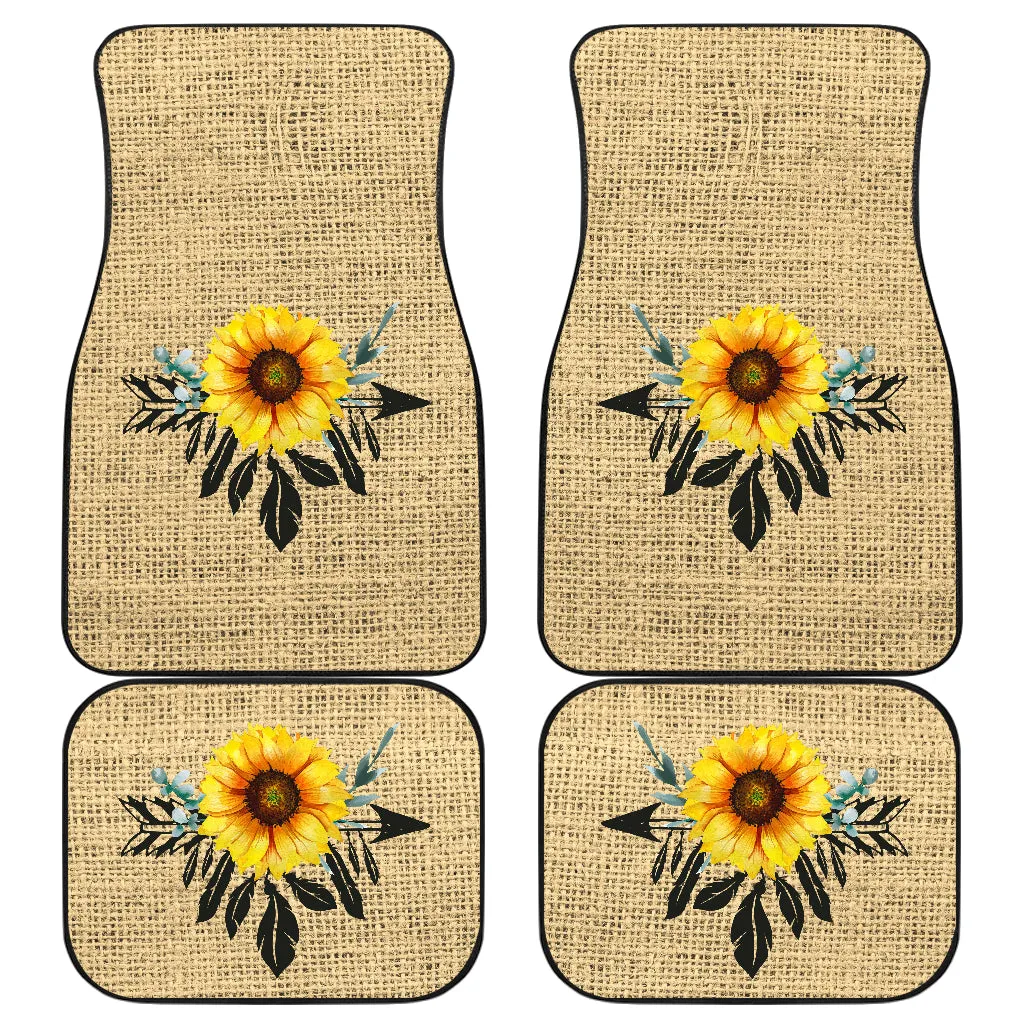 Full Set of 4 Sunflower Dreamcatcher Car Floor Mats Rustic Boho Burlap Design