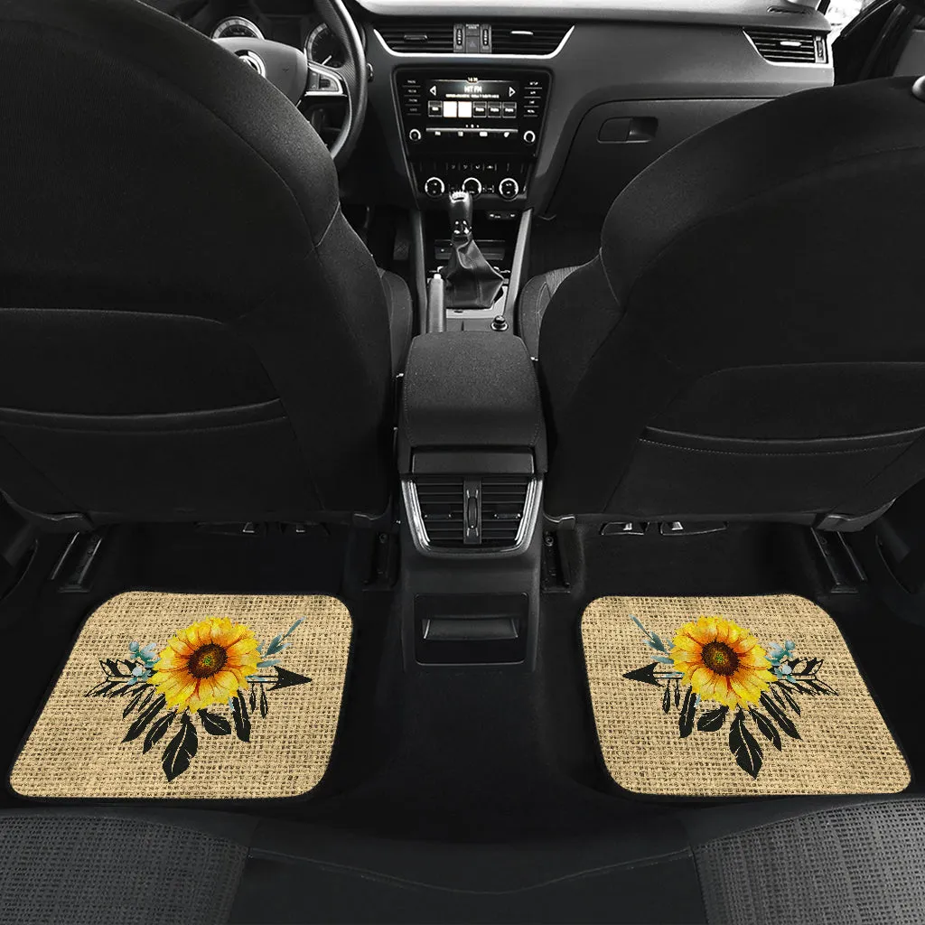 Full Set of 4 Sunflower Dreamcatcher Car Floor Mats Rustic Boho Burlap Design
