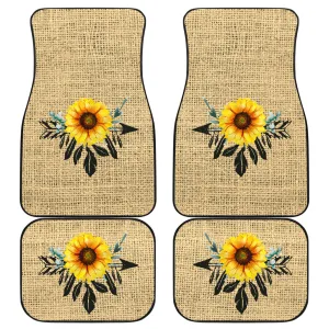 Full Set of 4 Sunflower Dreamcatcher Car Floor Mats Rustic Boho Burlap Design
