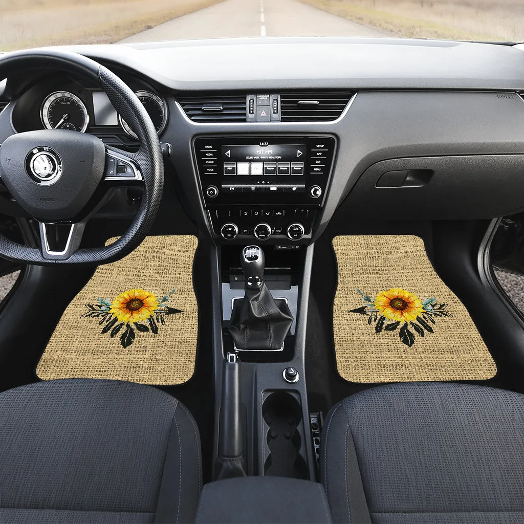 Full Set of 4 Sunflower Dreamcatcher Car Floor Mats Rustic Boho Burlap Design
