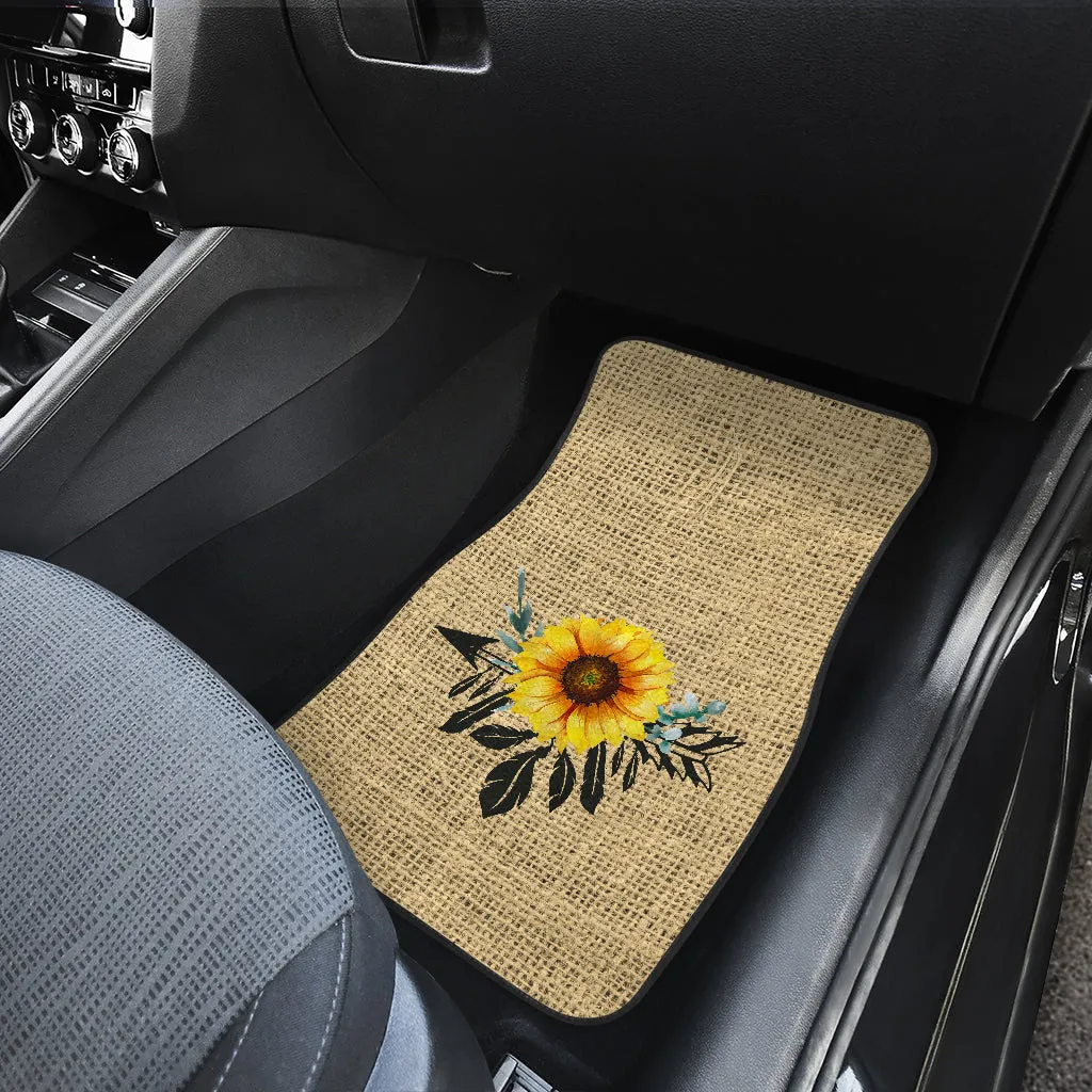 Full Set of 4 Sunflower Dreamcatcher Car Floor Mats Rustic Boho Burlap Design