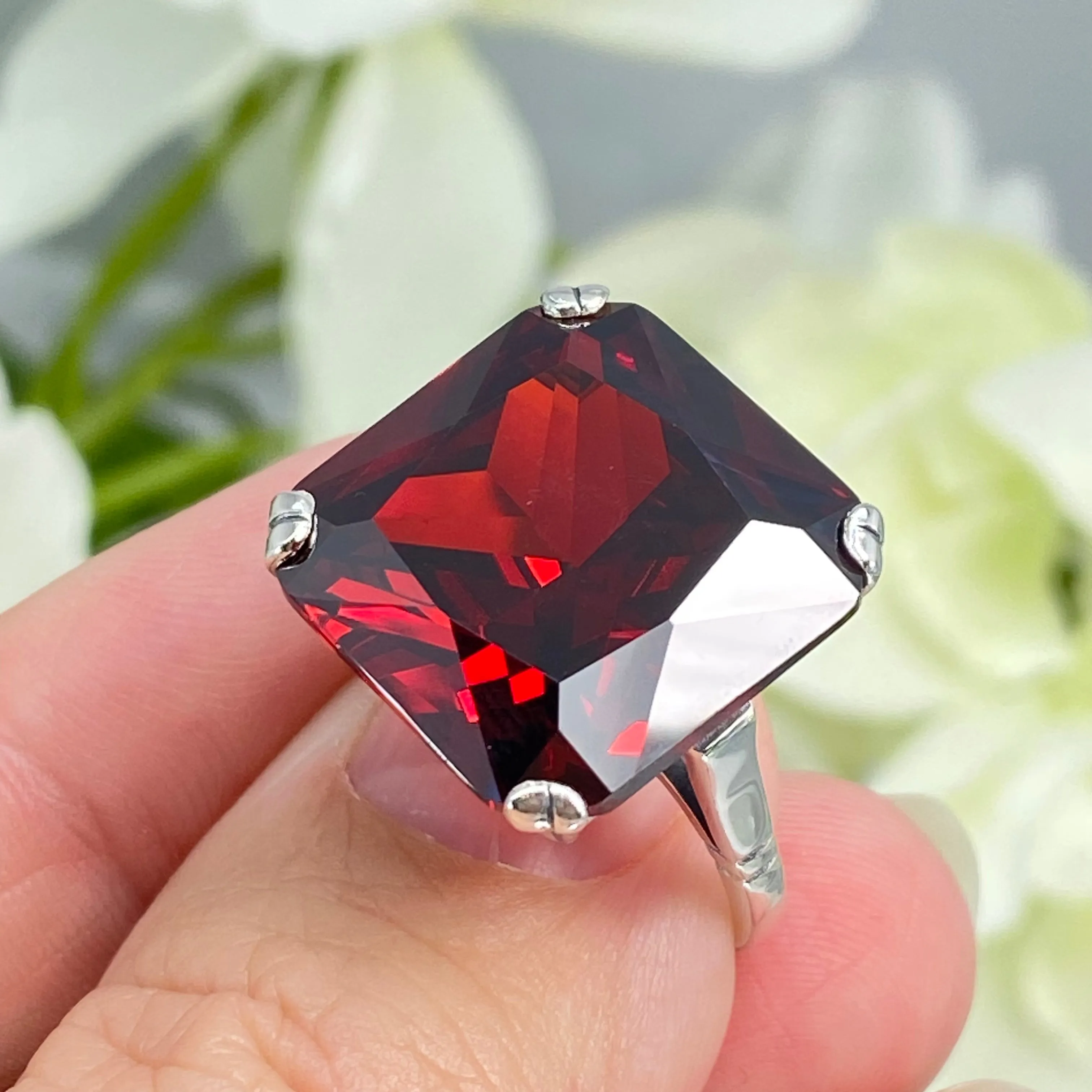 Garnet CZ Ring, Size 7, 20ct Big Huge Square Gem, Vintage Jewelry #D1 - Ready to Ship