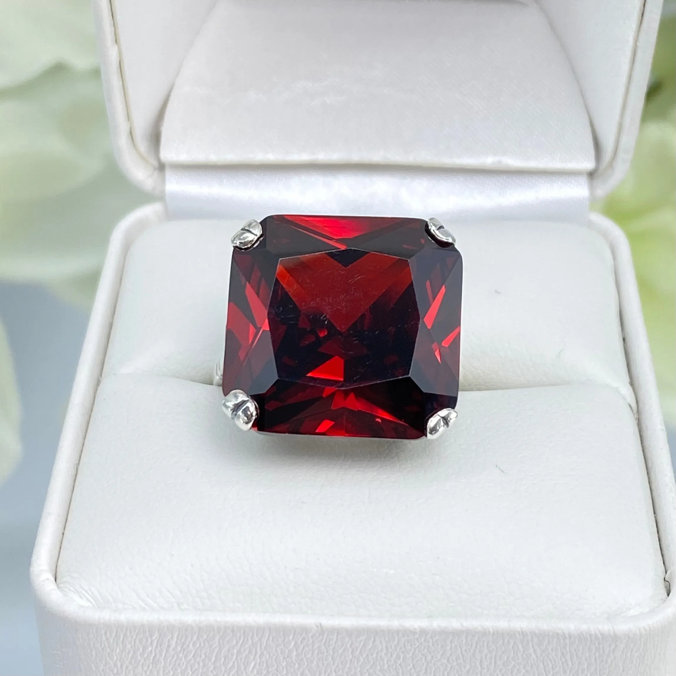 Garnet CZ Ring, Size 7, 20ct Big Huge Square Gem, Vintage Jewelry #D1 - Ready to Ship