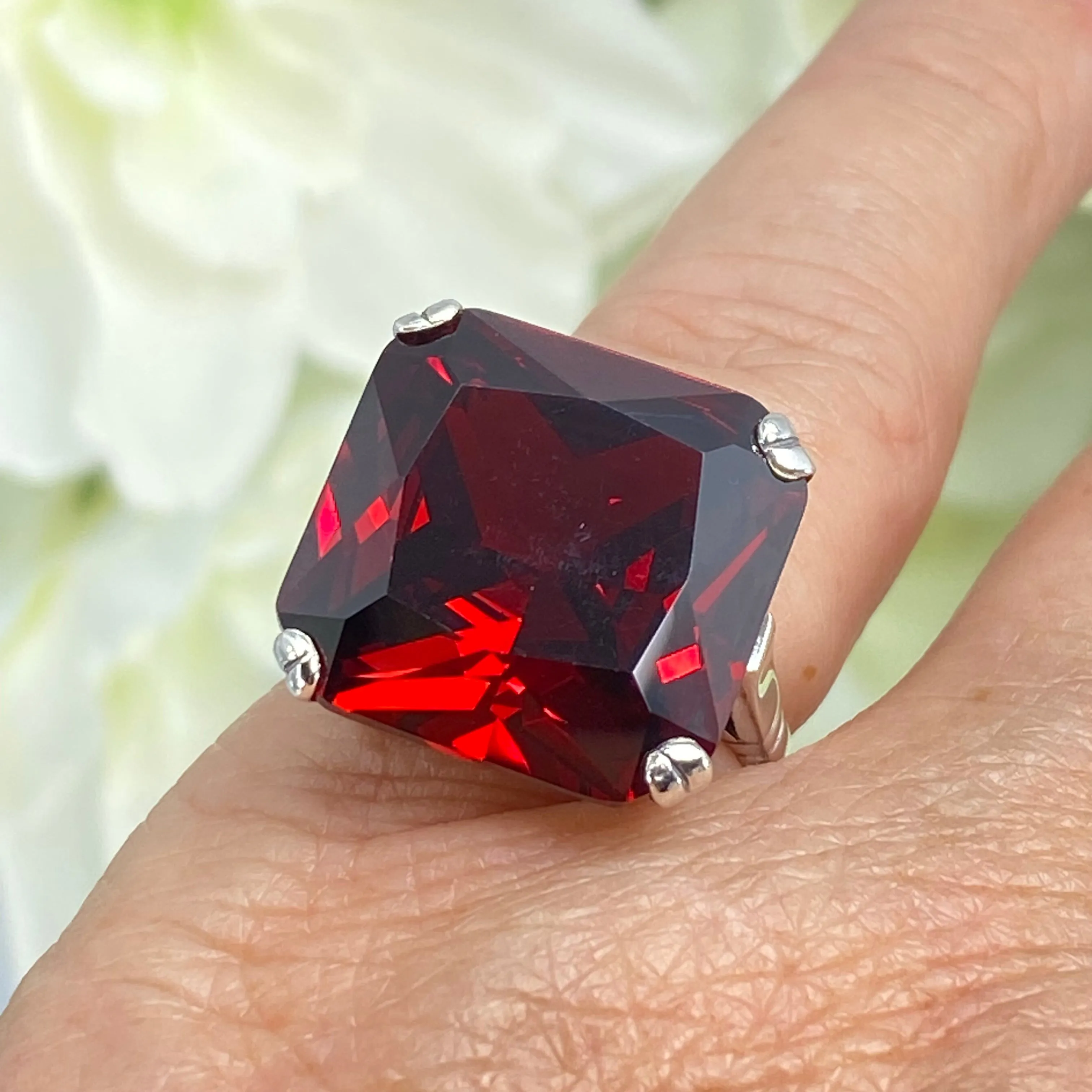 Garnet CZ Ring, Size 7, 20ct Big Huge Square Gem, Vintage Jewelry #D1 - Ready to Ship
