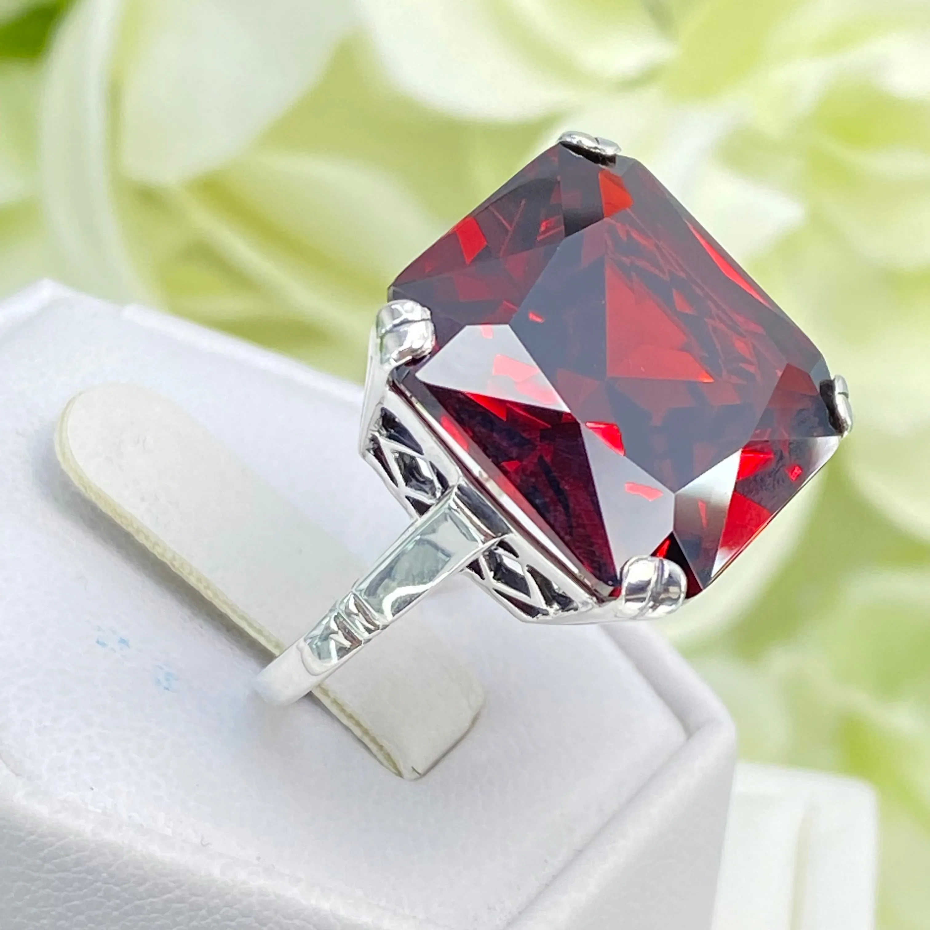 Garnet CZ Ring, Size 7, 20ct Big Huge Square Gem, Vintage Jewelry #D1 - Ready to Ship