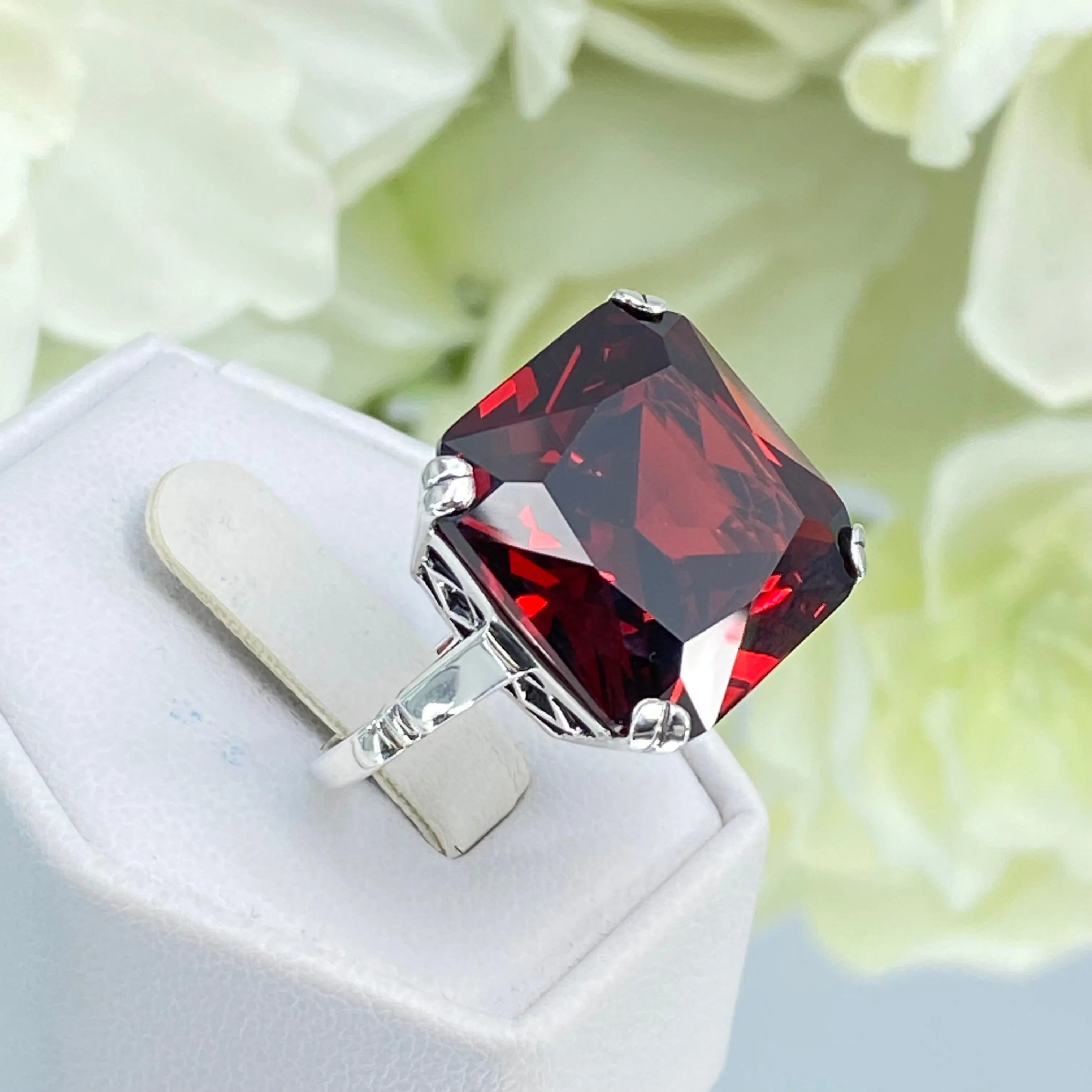 Garnet CZ Ring, Size 7, 20ct Big Huge Square Gem, Vintage Jewelry #D1 - Ready to Ship