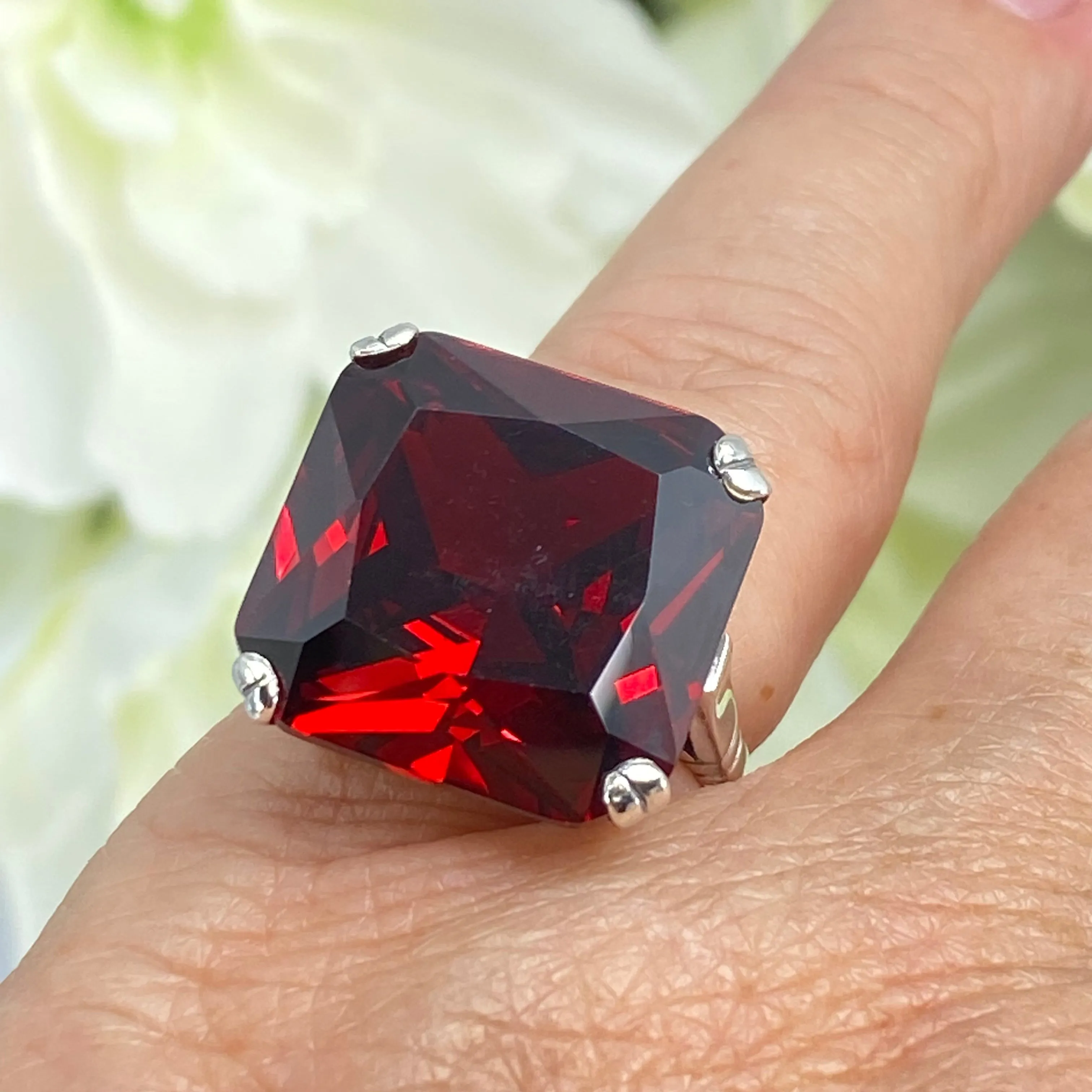 Garnet CZ Ring, Size 7, 20ct Big Huge Square Gem, Vintage Jewelry #D1 - Ready to Ship