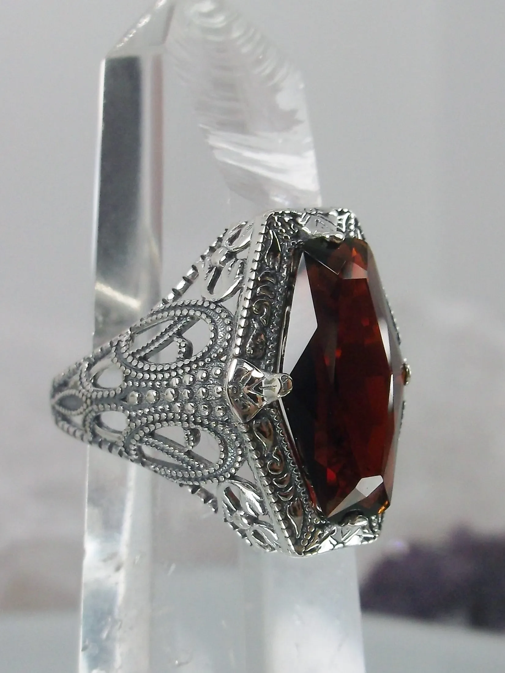 Garnet Ring, Hexagon Gem with Art Deco Filigree, Edwardian Jewelry #D237