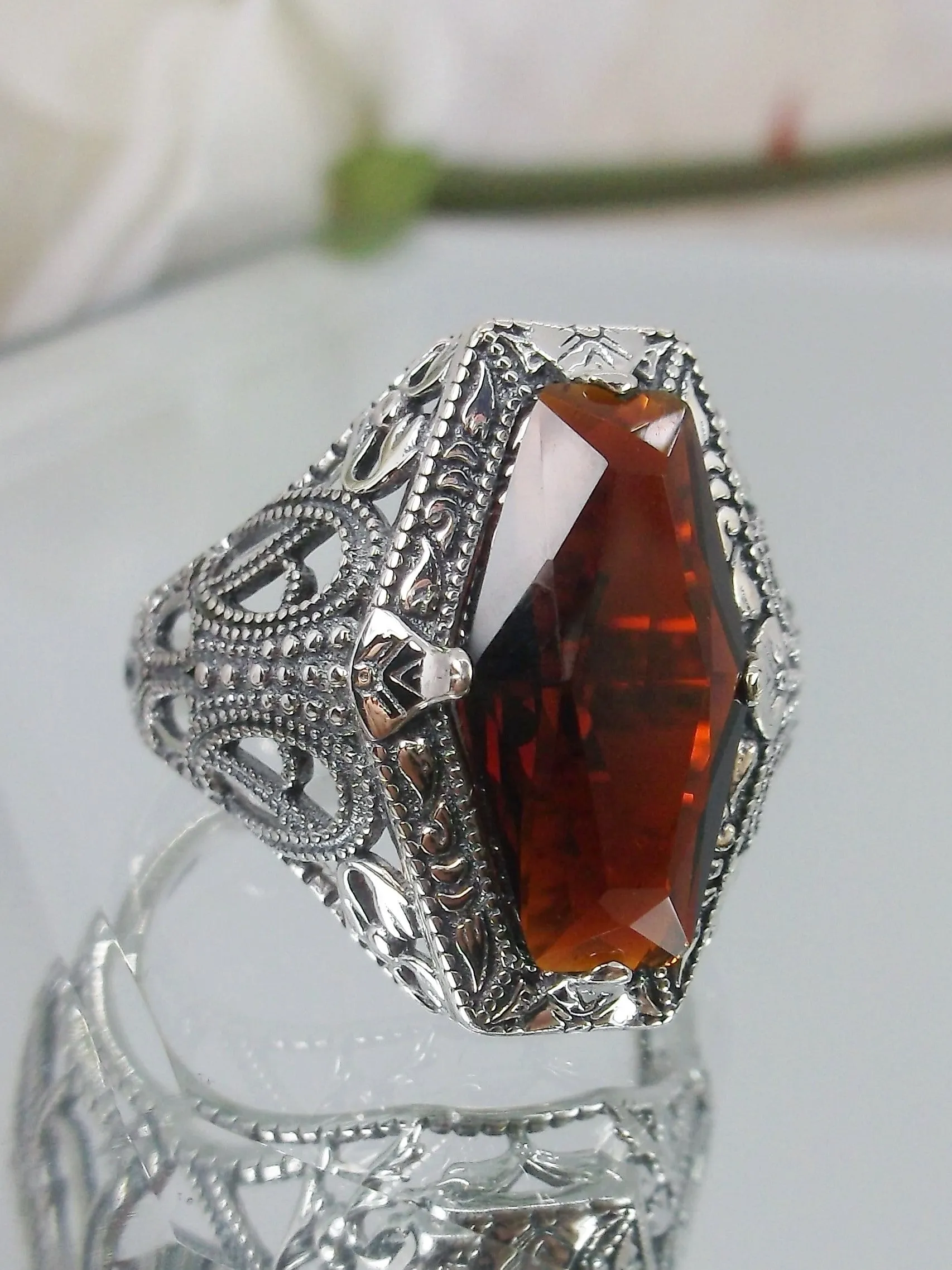 Garnet Ring, Hexagon Gem with Art Deco Filigree, Edwardian Jewelry #D237