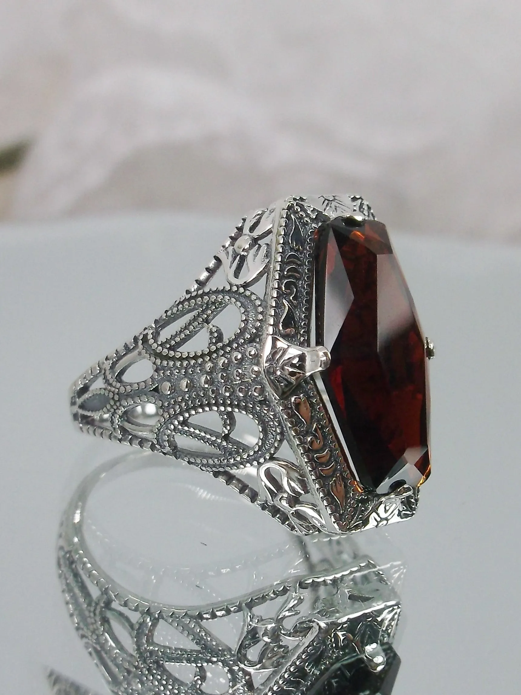 Garnet Ring, Hexagon Gem with Art Deco Filigree, Edwardian Jewelry #D237