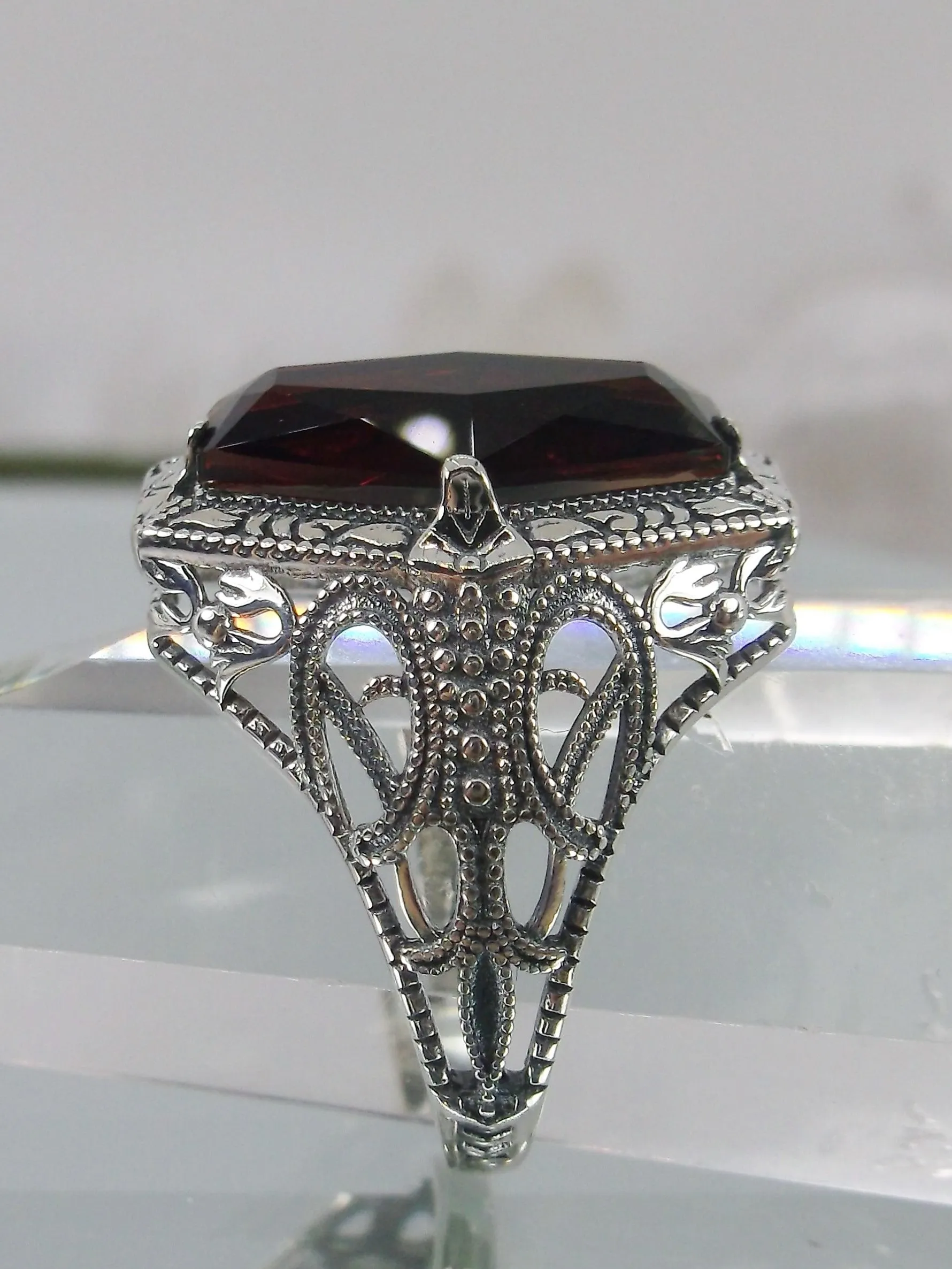 Garnet Ring, Hexagon Gem with Art Deco Filigree, Edwardian Jewelry #D237