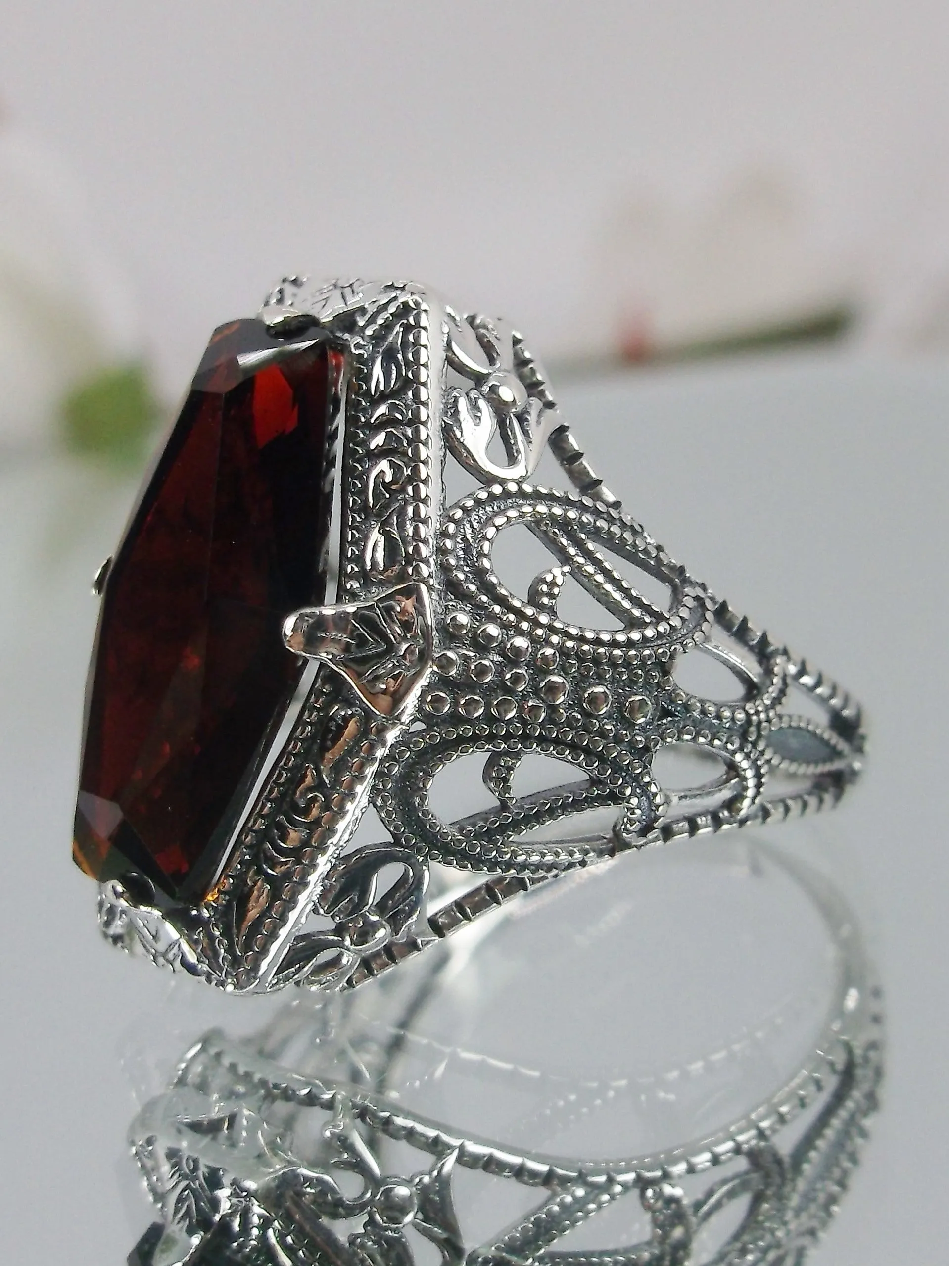 Garnet Ring, Hexagon Gem with Art Deco Filigree, Edwardian Jewelry #D237